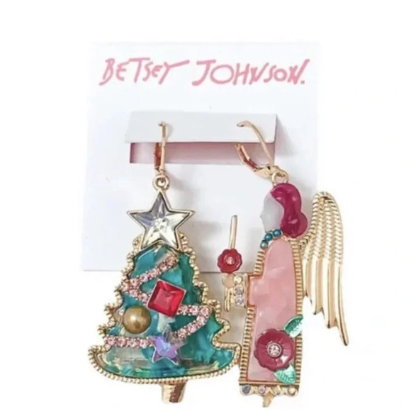 BETSEY JOHNSON Christmas Holiday Angel & Christmas Tree Mismatched Earrings NWT - Picture 1 of 3